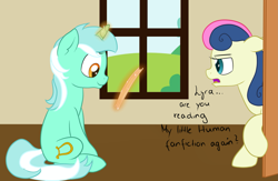 Size: 2343x1530 | Tagged: safe, artist:kaleysia, bon bon, lyra heartstrings, sweetie drops, levitation, magic, telekinesis