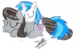 Size: 2448x1704 | Tagged: safe, artist:fox-kai, dj pon-3, octavia melody, vinyl scratch, earth pony, pony, cuddling, cute, sleeping, snuggling, traditional art