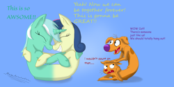 Size: 4728x2384 | Tagged: safe, artist:megaanimationfan, bon bon, lyra heartstrings, sweetie drops, annoyed, boop, catdog, crossover, eyes closed, fangs, female, floppy ears, frown, fusion, glare, grin, happy, hug, lesbian, lyrabon, lyrabon (fusion), misspelling, nickelodeon, noseboop, shipping, signature, smiling, unamused