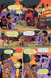 Size: 651x1000 | Tagged: safe, artist:andypriceart, edit, idw, filthy rich, rarity, bird, blue jay, chicken, earth pony, pony, unicorn, comic:friendship is dragons, spoiler:comic, background pony, barnyard bargains, comic, dialogue, female, flax seed, flax seed looks at stuff, glasses, grin, hat, looking up, male, mare, necktie, nervous, peace symbol, sign, smiley face, smiling, stallion, text edit, wheat grass, yin-yang