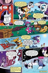 Size: 651x1000 | Tagged: safe, artist:andypriceart, edit, idw, rarity, bee, bird, chicken, cow, earth pony, pony, unicorn, comic:friendship is dragons, spoiler:comic, angry, bath, bathtub, beehive, bell, bucket, comic, cowbell, crescent moon, dialogue, eyes closed, female, flax seed, flax seed looks at stuff, flower, frown, grin, looking back, male, mare, moon, mouth hold, onomatopoeia, raised hoof, running, saddle bag, sitting, smiling, stallion, text edit, towel, udder, unamused, unshorn fetlocks, wet, wet mane, wet mane rarity