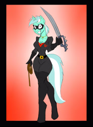 Size: 2100x2855 | Tagged: safe, artist:vladiverse, lyra heartstrings, anthro, unguligrade anthro, unicorn, antagonist, clothes, female, gradient background, mare, robe, skinsuit, solo, suit, sword, weapon