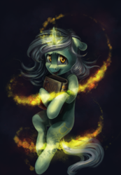 Size: 1681x2427 | Tagged: safe, artist:amishy, lyra heartstrings, pony, unicorn, book, dark, dark background, floppy ears, glowing horn, hand, holding, levitation, looking at you, magic, solo