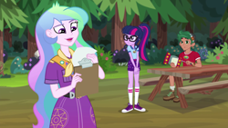 Size: 1280x720 | Tagged: safe, screencap, princess celestia, principal celestia, sci-twi, timber spruce, twilight sparkle, equestria girls, legend of everfree, camp everfree outfits, clipboard, clothes, converse, lantern, scarf, shoes, tree