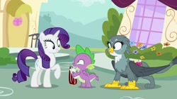 Size: 1920x1080 | Tagged: safe, screencap, gabby, rarity, spike, dragon, griffon, pony, unicorn, dragon dropped, winged spike