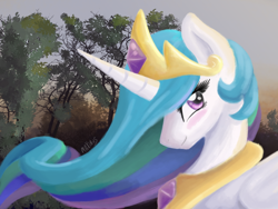 Size: 1024x768 | Tagged: safe, artist:maximus, princess celestia, alicorn, pony, blushing, bust, crown, female, jewelry, mare, peytral, portrait, regalia, smiling, solo, tree