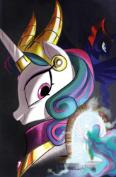 Size: 1040x1582 | Tagged: safe, edit, idw, princess celestia, princess luna, alicorn, pony, spoiler:comic, spoiler:comic19, black background, comic, cover, cover art, dark mirror universe, equestria-3, evil celestia, evil luna, evil sisters, horn ring, horns, magic mirror, simple background