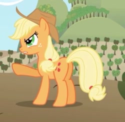 Size: 335x327 | Tagged: safe, screencap, applejack, earth pony, pony, applebuck season, cropped, female, freckles, mare, plot, pointing, raised hoof, solo