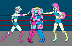 Size: 1024x652 | Tagged: safe, artist:avispaneitor, aloe, bon bon, lotus blossom, lyra heartstrings, sweetie drops, equestria girls, belly button, clothes, elbow pads, equestria girls wrestling series, equestria girls-ified, head first, midriff, spa twins, sports bra, tag team, wrestling, wrestling ring