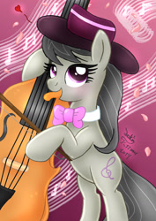 Size: 900x1270 | Tagged: safe, artist:joakaha, octavia melody, earth pony, pony, backwards cutie mark, bowtie, cello, hat, heart, musical instrument, solo, tongue out