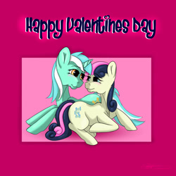 Size: 1200x1200 | Tagged: safe, artist:littlewolfstudios, bon bon, lyra heartstrings, sweetie drops, adorabon, cute, female, lesbian, love, lyrabetes, lyrabon, shipping, valentine, valentine's day