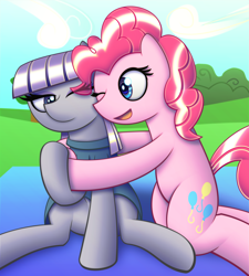 Size: 5400x6000 | Tagged: safe, artist:t.f.a.n.c.s., maud pie, pinkie pie, earth pony, pony, absurd resolution, duo, hug, one eye closed, pie sisters, siblings, sisters, sitting, smiling