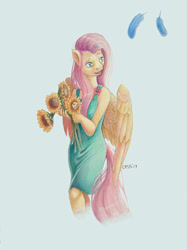 Size: 748x1000 | Tagged: safe, artist:chasingthesilverstag, fluttershy, anthro, blue feather, clothes, dress, feather, flower, implied flutterdash, implied lesbian, implied shipping, simple background, solo