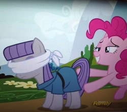 Size: 1089x966 | Tagged: safe, screencap, maud pie, pinkie pie, pony, rock solid friendship, blindfold, cropped, out of context, youtube