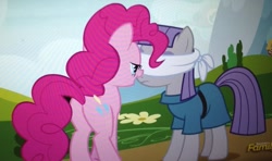 Size: 1629x966 | Tagged: safe, screencap, maud pie, pinkie pie, pony, rock solid friendship, blindfold, cropped, discovery family logo, female, mare, out of context, plot