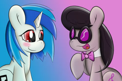 Size: 1024x683 | Tagged: safe, artist:ironheart3498, dj pon-3, octavia melody, vinyl scratch, earth pony, pony, accessory swap, blushing, duo, wrong eye color