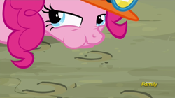 Size: 1356x759 | Tagged: safe, screencap, pinkie pie, pony, rock solid friendship, eating dirt, helmet, mining helmet, scrunchy face, solo