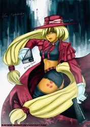 Size: 1280x1810 | Tagged: safe, artist:rayzor-sharp, applejack, human, alucard, applerack, breasts, crossover, female, hellsing, humanized, pony coloring, solo, tailed humanization, weapon