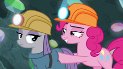 Size: 1280x720 | Tagged: safe, screencap, maud pie, pinkie pie, pony, rock solid friendship, helmet, lidded eyes, mining helmet, out of context