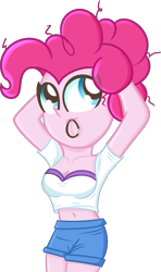 Size: 1493x2523 | Tagged: safe, artist:pastelhorses, pinkie pie, equestria girls, belly button, breasts, cleavage, clothes, female, midriff, short shirt, shorts, solo