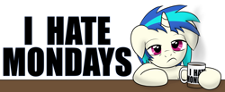 Size: 5100x2100 | Tagged: safe, artist:drawponies, dj pon-3, vinyl scratch, pony, unicorn, cup, cute, monday, mug, mug design, sleepy, solo