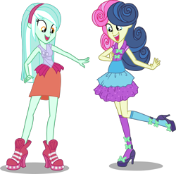 Size: 1955x1934 | Tagged: safe, artist:luchita27, bon bon, lyra heartstrings, sweetie drops, equestria girls, life is a runway, rainbow rocks, alternate hairstyle, clothes, dress, high heels, open mouth, simple background, transparent background, vector