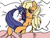 Size: 465x358 | Tagged: safe, alternate version, artist:hoshikokin, applejack, rarity, earth pony, pony, unicorn, bed, bedroom eyes, blanket, blushing, cuddling, eyes closed, female, hug, lesbian, mare, one eye closed, pillow, rarijack, shipping, sleeping, snuggling