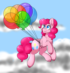 Size: 2300x2400 | Tagged: safe, artist:blackmagicdapony, pinkie pie, pony, balloon, cloud, colored pupils, floating, high res, solo, then watch her balloons lift her up to the sky