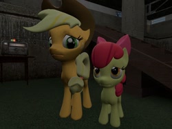 Size: 1024x768 | Tagged: safe, artist:sonic5421, apple bloom, applejack, earth pony, pony, 3d, basement, gmod, scared, worried