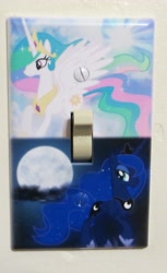 Size: 1117x1823 | Tagged: safe, princess celestia, princess luna, alicorn, pony, irl, light switch, photo