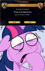 Size: 461x731 | Tagged: artist needed, safe, derpibooru import, twilight sparkle, england, europa universalis, france, nervous, obligatory pony, war