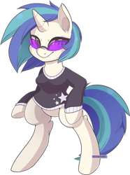 Size: 400x538 | Tagged: safe, artist:soulkillur, dj pon-3, vinyl scratch, pony, unicorn, bipedal, clothes, female, hooves, horn, mare, simple background, solo, sunglasses, sweater