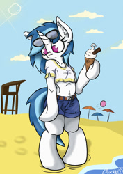 Size: 636x900 | Tagged: safe, artist:mistydash, dj pon-3, vinyl scratch, pony, semi-anthro, unicorn, beach, beach umbrella, belly button, bipedal, clothes, cross-eyed, cute, ear fluff, female, frown, hoof hold, hooves, horn, ice cream, jeans, mare, midriff, shorts, solo, sunglasses