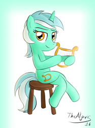 Size: 1280x1707 | Tagged: safe, artist:thealjavis, lyra heartstrings, hoof hold, lyre, sitting lyra, solo, stool