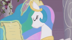 Size: 480x270 | Tagged: safe, edit, edited screencap, screencap, princess celestia, alicorn, pony, the crystal empire, animated, caption, floating, frown, gif, gif with captions, glowing horn, image macro, impact font, irritated, letter, magic, meme, quill, solo, sunbutt, text