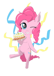 Size: 2894x4093 | Tagged: safe, artist:yinglongfujun, pinkie pie, earth pony, pony, absurd resolution, birthday, birthday cake, cake, food, grin, one eye closed, simple background, smiling, solo, standing, standing on one leg, streamers, transparent background