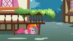 Size: 1365x768 | Tagged: safe, screencap, pinkie pie, pony, feeling pinkie keen, bored, flower, hat, raised platform, solo, umbrella hat