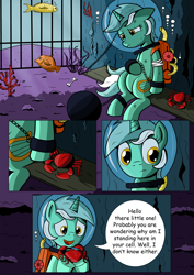 Size: 2480x3508 | Tagged: safe, artist:theponypretender, lyra heartstrings, crab, fish, comic:a lyrabon adventure, ball and chain, chains, comic, diving helmet, prison, sad, scuba, scuba gear, solo, underwater