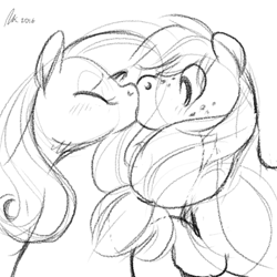 Size: 500x500 | Tagged: safe, artist:rwl, applejack, fluttershy, earth pony, pegasus, pony, appleshy, female, kissing, lesbian, mare, shipping