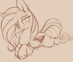 Size: 1280x1095 | Tagged: safe, artist:yoditax, fluttershy, pegasus, pony, long mane, lying, monochrome, sketch, solo