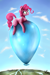 Size: 2691x4000 | Tagged: safe, artist:quefortia, pinkie pie, pony, balloon, cloud, female, floating, looking back, mare, sky, solo, tongue out