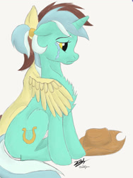 Size: 1536x2048 | Tagged: safe, artist:perle-de-suie, lyra heartstrings, oc, applejack's hat, crying, hat, hug, winghug