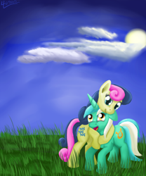 Size: 2000x2400 | Tagged: safe, artist:lukeine, bon bon, lyra heartstrings, sweetie drops, cloud, field, grass, hug, neck hug, sky, sun