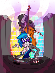 Size: 1500x2000 | Tagged: safe, artist:xonitum, dj pon-3, octavia melody, vinyl scratch, anthro, cello, clothes, duo, female, glasses, mare, musical instrument, turntable