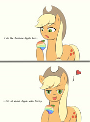 Size: 948x1290 | Tagged: safe, artist:yuwentaiji, applejack, rarity, earth pony, pony, unicorn, apple, food, offscreen rarijack, rarijack, shipping, zap apple