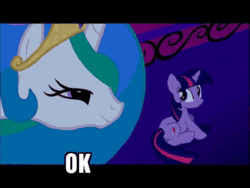 Size: 512x384 | Tagged: safe, edit, edited screencap, screencap, princess celestia, twilight sparkle, unicorn twilight, alicorn, pony, unicorn, celestial advice, keep calm and flutter on, lesson zero, the return of harmony, animated, burn, caption, gif, gif with captions, happy, icarus, image macro, meme, menace, smiley face, sunbutt, text, touch, you may spank it once