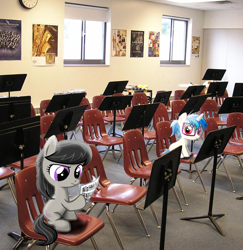 Size: 1017x1047 | Tagged: safe, artist:spacerainbow, dj pon-3, octavia melody, vinyl scratch, earth pony, pony, unicorn, chair, clock, female, filly, foal, glasses, hooves, horn, irl, lesbian, music room, photo, pictures, ponies in real life, ponytail, school, scratchtavia, sheet music, shipping, sitting, stands, vector, younger