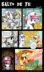 Size: 1359x2200 | Tagged: safe, artist:vavacung, applejack, nurse redheart, oc, earth pony, pony, leap of faith, comic, curse, spanish, translation, translator:the-luna-fan