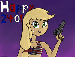 Size: 1024x768 | Tagged: safe, artist:sunnyblam, applejack, human, 1911, 4th of july, american flag, american independence day, amerijack, clothes, flag bikini, gun, humanized, independence day, murica, sports bra, weapon