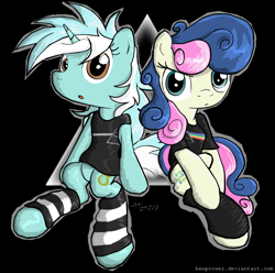 Size: 1020x1010 | Tagged: safe, artist:flutterthrash, bon bon, lyra heartstrings, sweetie drops, earth pony, pony, unicorn, band shirt, bottomless, clothes, fashion, female, hipgnosis, lesbian, lyrabon, mare, pink floyd, shipping